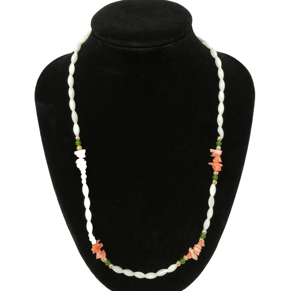 Vintage Beaded Necklace Shell Faux‎ Pearl Orange Stone 18in